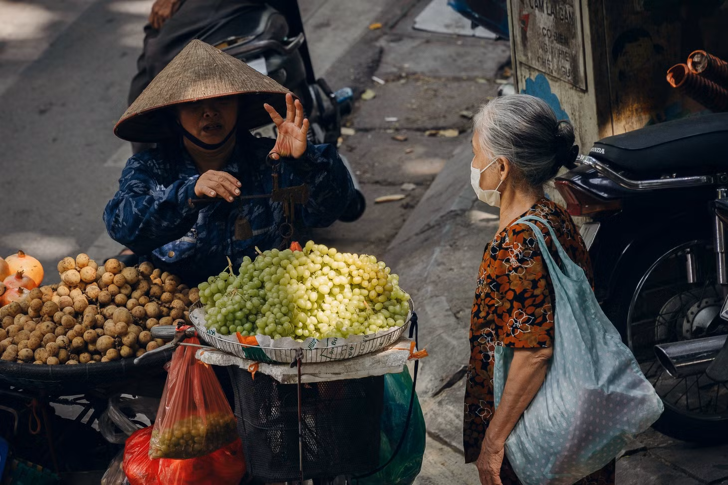 Người bán rong chở theo trái cây đầy ắp trên xe đạp đi khắp phố phường Hà Nội.