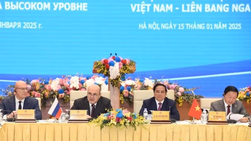 Thủ tướng Phạm Minh Chính và Thủ tướng Liên bang Nga Mikhail Mishustin đồng chủ trì Đối thoại Doanh nghiệp cấp cao Việt Nam-Liên bang Nga. (Ảnh: TRẦN HẢI)