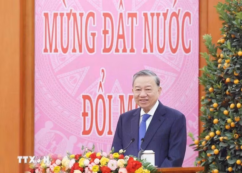 Tổng Bí thư Tô Lâm phát biểu chúc Tết. (Ảnh: Thống Nhất/TTXVN)