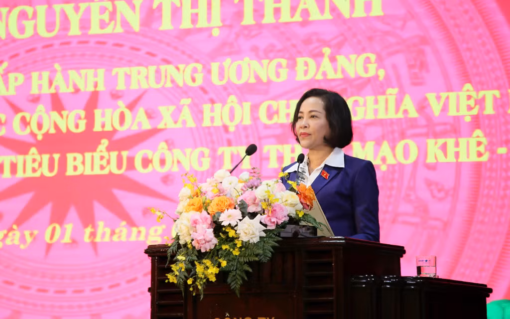 Đồng chí Nguyễn Thị Thanh. Ủy viên Trung ương Đảng, Phó Chủ tịch Quốc hội phát biểu tại buổi đến thăm Công ty Than Mạo Khê.