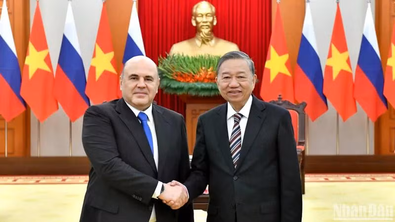 Tổng Bí thư Tô Lâm tiếp Thủ tướng Liên bang Nga Mikhail Vladimirovich Mishustin. (Ảnh: ĐĂNG KHOA)