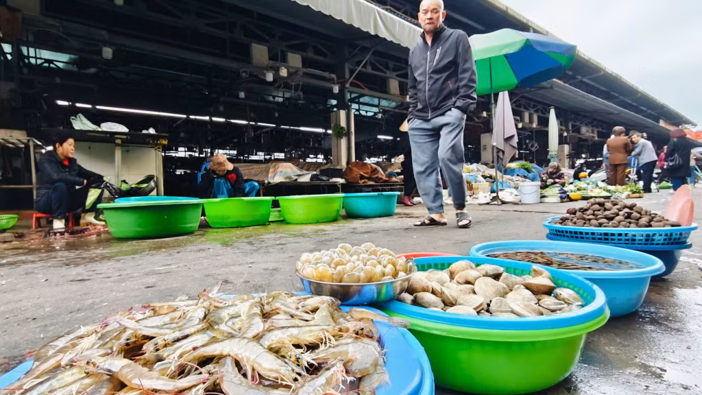 Cùng với rau xanh, với đặc thù của miền biển, các mặt hàng hải sản tươi sống cũng được nhiều tiểu thương mở bán trong ngày mùng 2 Tết để phục vụ nhu cầu của người dân.