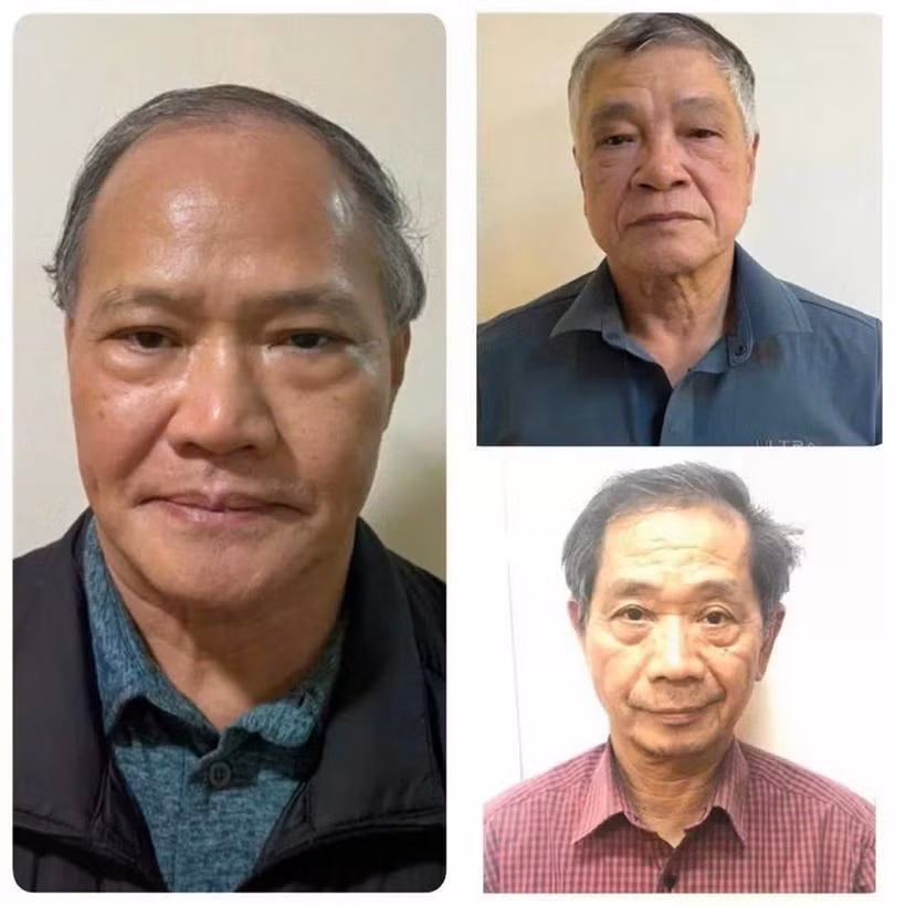 Bị can Hoàng Văn Thắng, nguyên Thứ trưởng Nông nghiệp và Phát triển nông thôn (trái) cùng 2 bị can Trần Tố Nghị và Trần Văn Lăng (áo đỏ). (Ảnh: TTXVN phát)