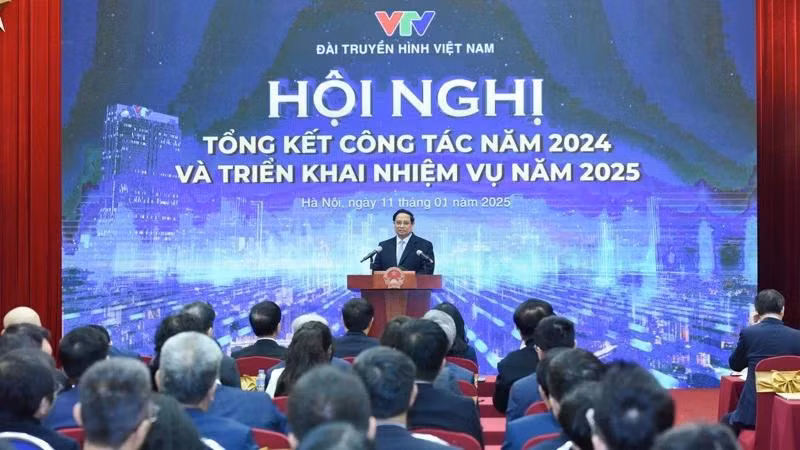 Thủ tướng Phạm Minh Chính dự và chỉ đạo Hội nghị tổng kết công tác năm 2024 và triển khai nhiệm vụ năm 2025 của Đài Truyền hình Việt Nam. (Ảnh: TRẦN HẢI)