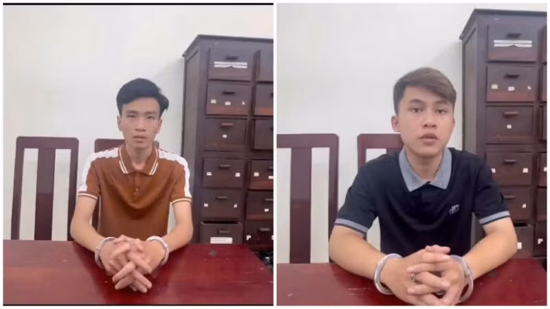 Hai đối tượng Châu Thanh Phương và Lê Quang Nhật tại cơ quan điều tra.