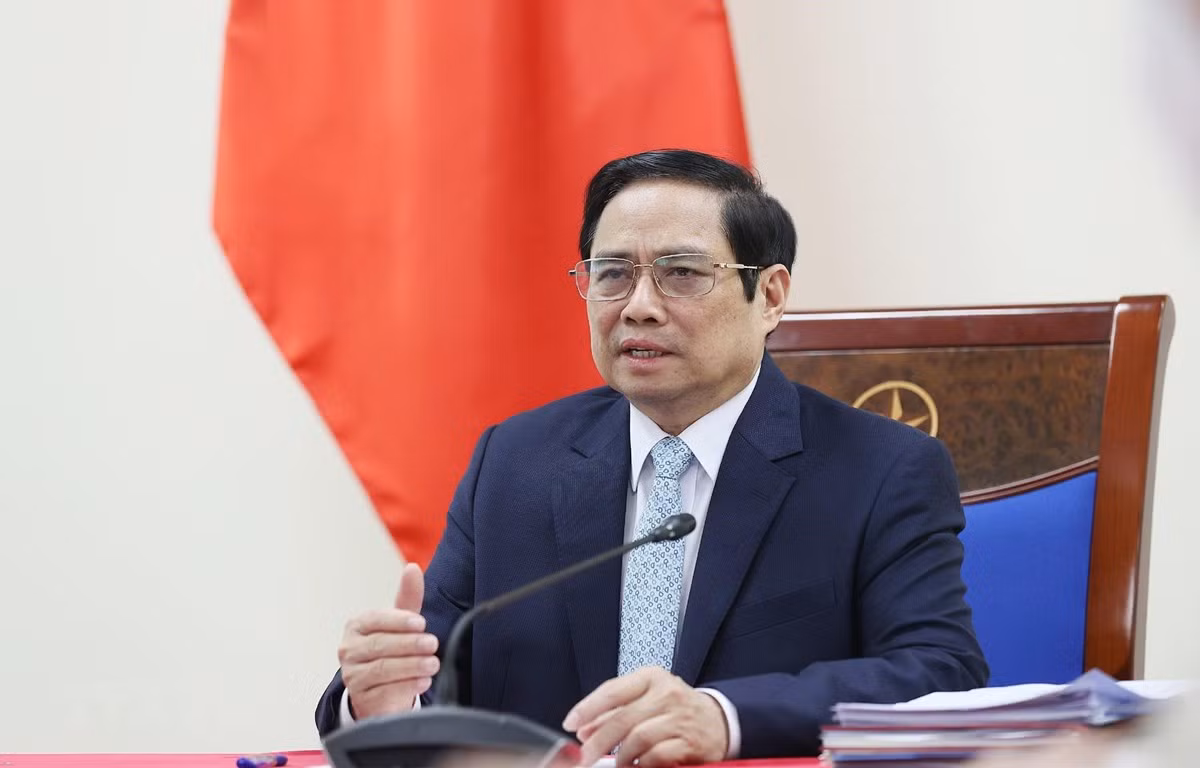 Thủ tướng Phạm Minh Chính phát biểu tại buổi điện đàm với bà Aurélia Nguyen, Giám đốc điều hành Chương trình COVAX. (Ảnh: Dương Giang/TTXVN)