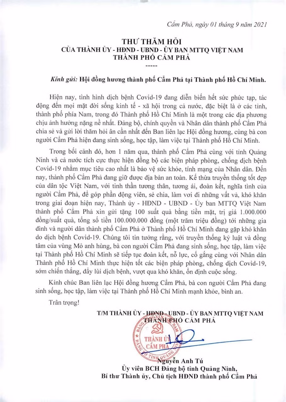 Thư thăm hỏi của TP Cẩm Phả với đồng hương sinh sống, học tập, làm việc tại TP Hồ Chí Minh.