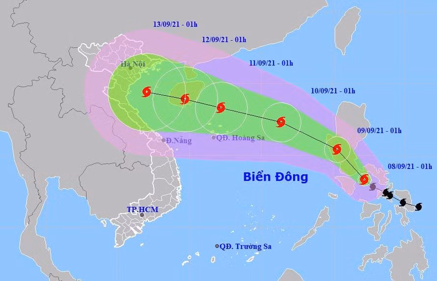 Dự báo đường đi và vùng ảnh hưởng của bão Côn Sơn. Đồ họa: Trung tâm Dự báo Khí tượng Thủy văn Quốc gia. Dự báo đường đi và vùng ảnh hưởng của bão Côn Sơn. Đồ họa: Trung tâm Dự báo Khí tượng Thủy văn Quốc gia.