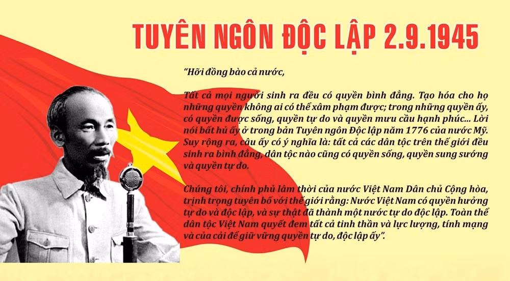 Bản tuyên ngôn độc lập được Chủ tịch Hồ Chí Minh long trọng công bố với quốc dân, đồng bào và toàn thế giới ngày 2/9/1945.