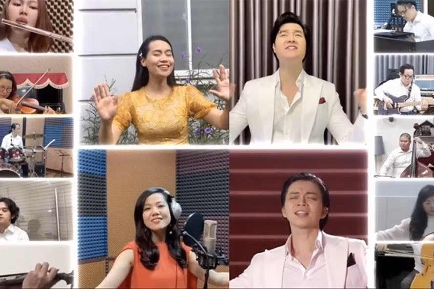 Các nghệ sĩ tham gia đêm nhạc "Nối vòng tay lớn". Ảnh: Cắt clip.