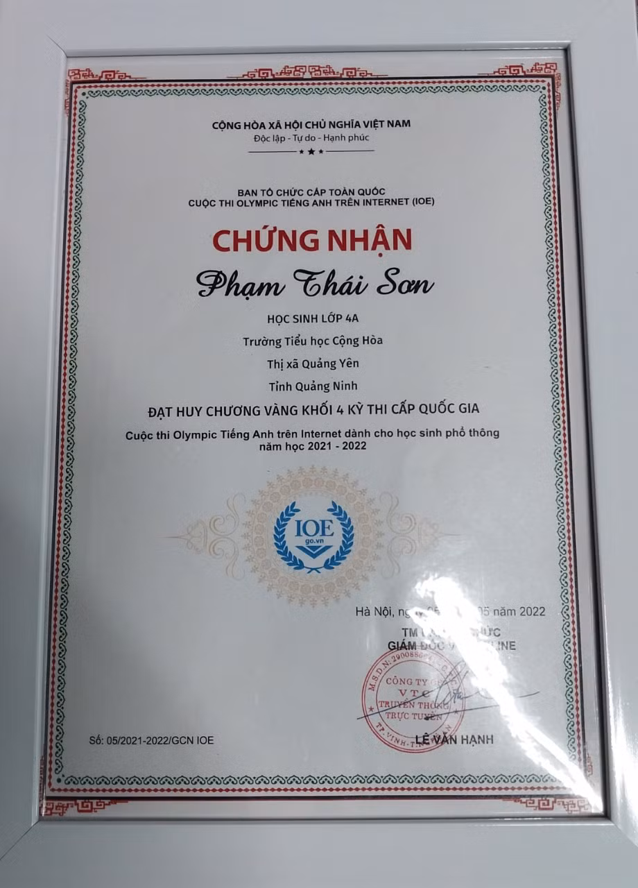 Giấy khen Phạm Thái Sơn