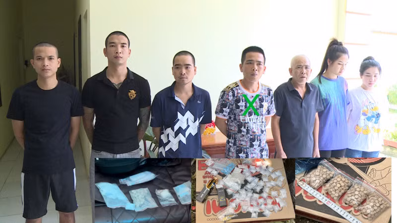Đối tượng Phạm Quốc Trung (X) cùng các đối tượng và số ma túy thu giữ.