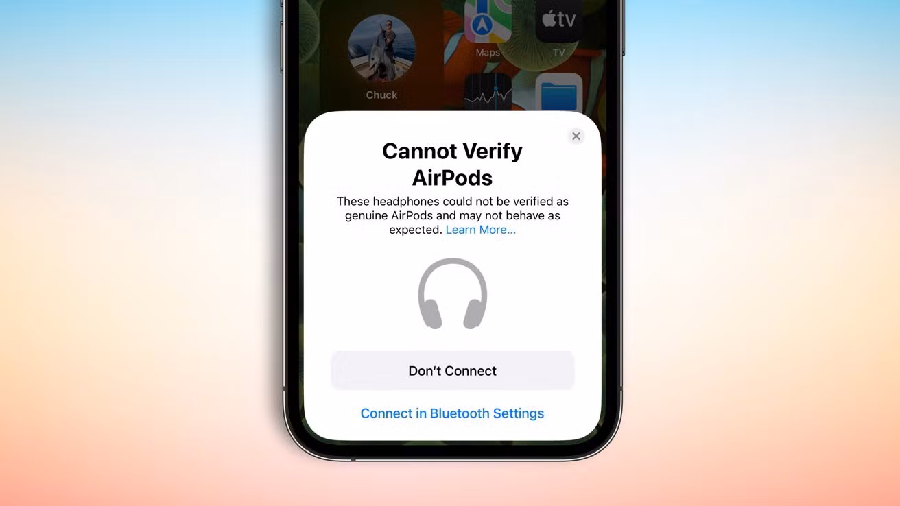Cảnh báo AirPods không được xác minh chính hãng trên iOS 16 (Ảnh: Apple Insider)