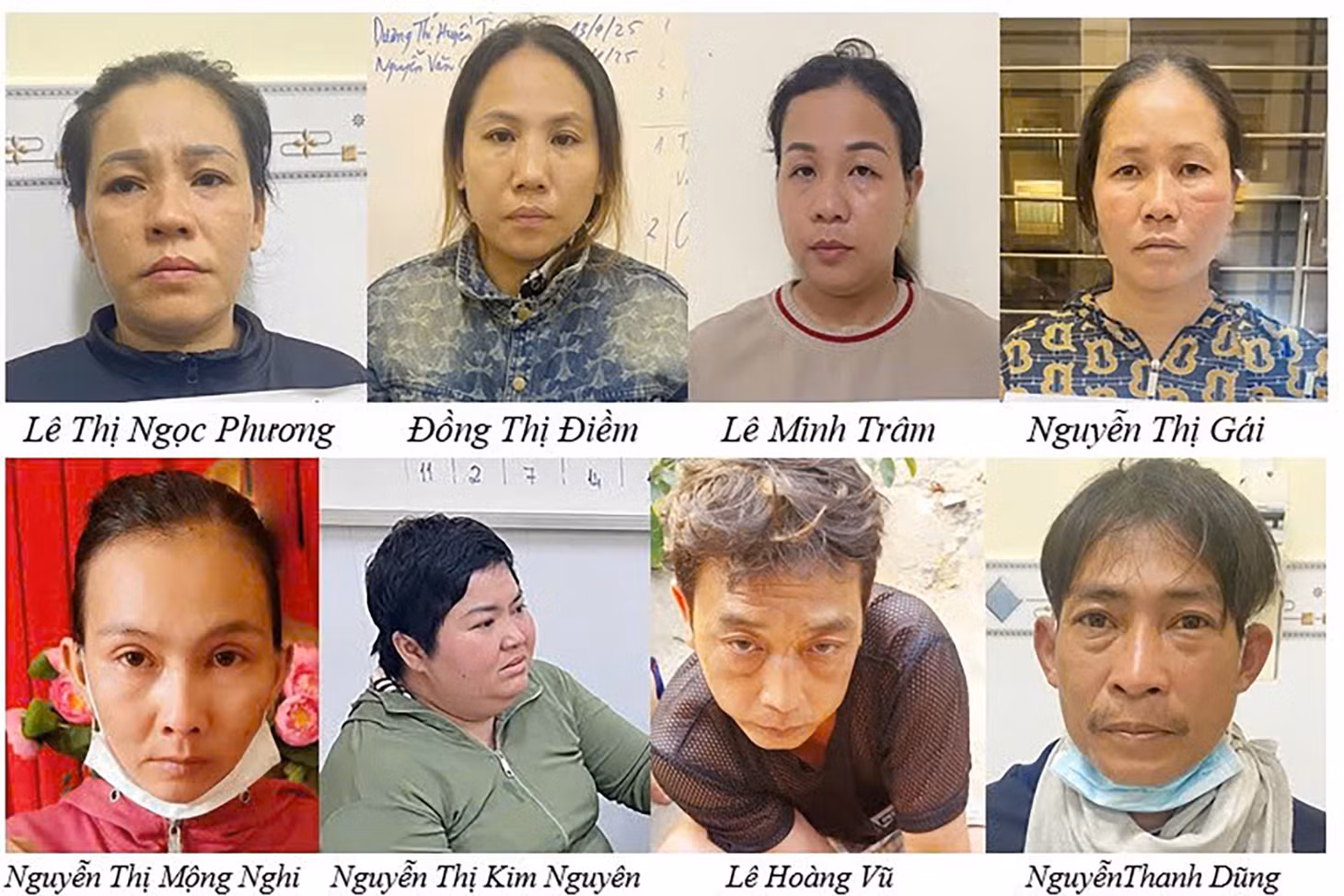 8 đối tượng bị bắt sau vụ dàn cảnh cướp tài sản tại chùa Kim Tiên. Ảnh: Tiến Tầm