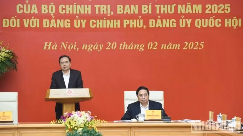 Bí thư Đảng ủy Quốc hội, Chủ tịch Quốc hội Trần Thanh Mẫn phát biểu ý kiến tại Hội nghị. (Ảnh: TRẦN HẢI)