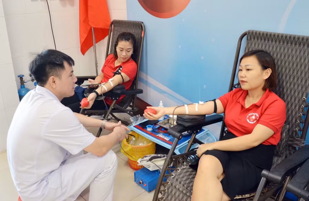 Các tình nguyện viên của CLB Ngân hàng máu sống 24h tham gia hiến máu tại Điểm hiến máu chữ thập đỏ ở Bệnh viện Bãi Cháy.