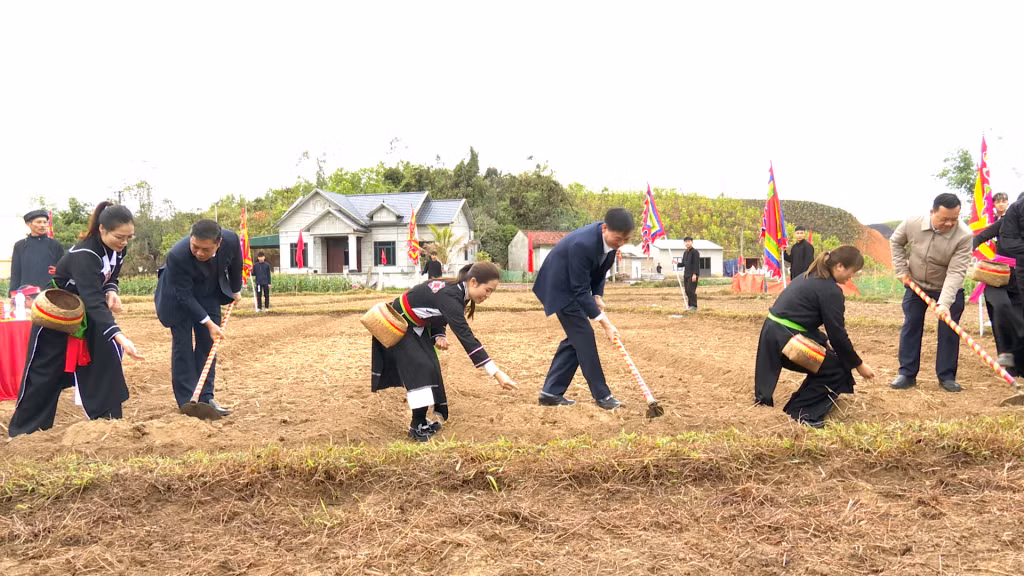 Các đại biểu thực hiện nghi lễ cuốc hố tra hạt cầu mong mưa thuận gió hòa, mùa màng bội thu.