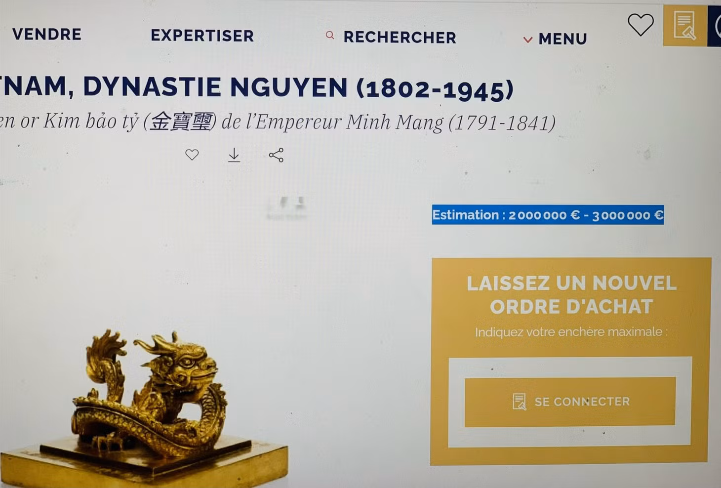 Ấn vàng triều Nguyễn đang được đấu giá với giá khởi điểm từ 2-3 triệu Euro. Ảnh H.V. M chụp từ trang MILLON
