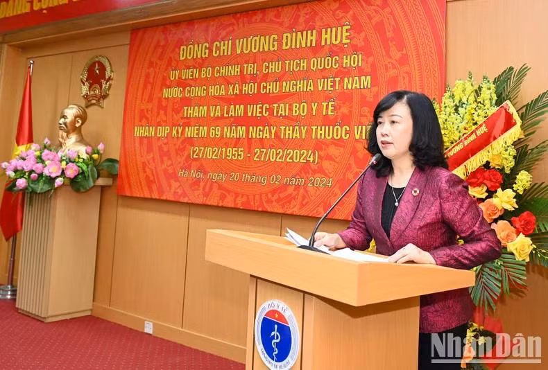 Bộ trưởng Y tế Đào Hồng Lan báo cáo tại cuộc làm việc.