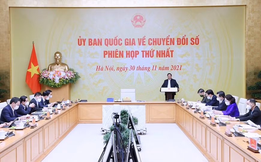 Quang cảnh phiên họp thứ nhất Uỷ ban Quốc gia về Chuyển đổi số tại điểm cầu trụ sở Chính phủ.