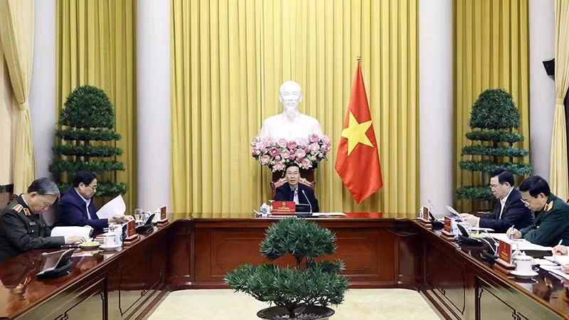 Chủ tịch nước Võ Văn Thưởng chủ trì Phiên họp thứ tư Hội đồng Quốc phòng và An ninh nhiệm kỳ 2021-2026. (Ảnh: TTXVN)