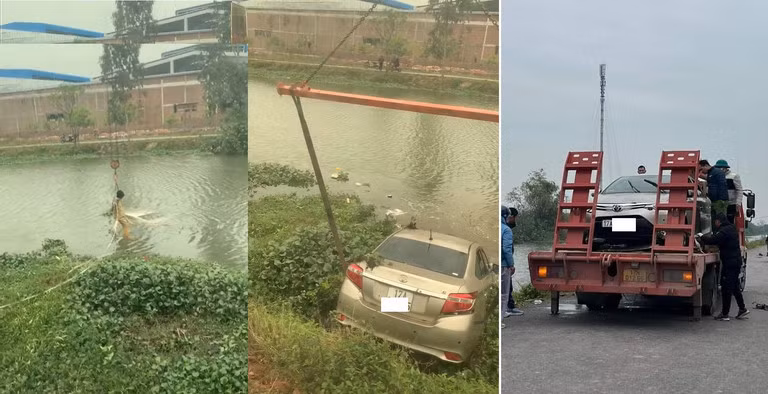 Lực lượng cứu hộ đã tới hiện trường trục vớt chiếc xe ô tô lên bờ và bàn giao cho lực lượng chức năng huyện Tiền Hải. Ảnh: Cứu hộ Tiền Hải