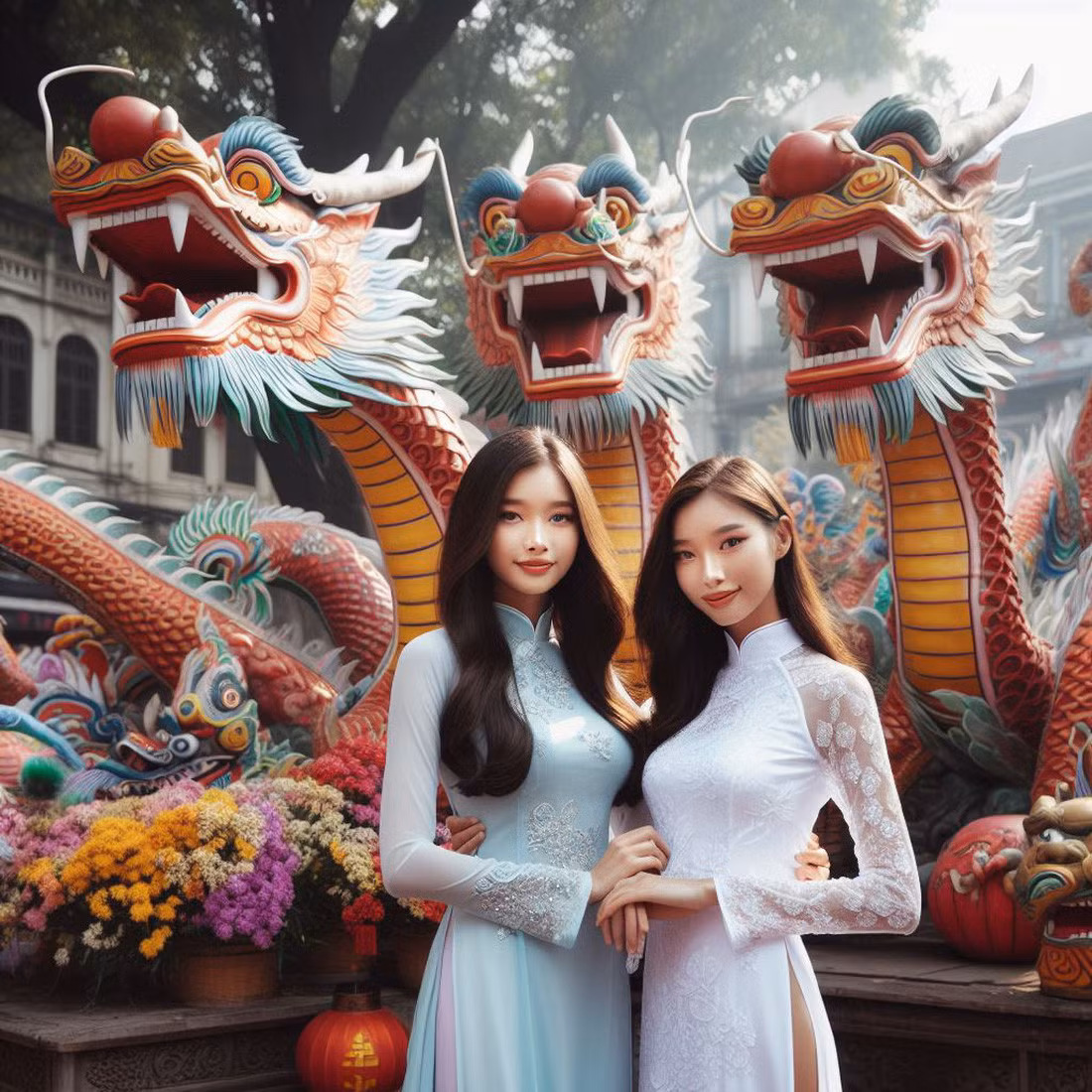 AI vẽ những cô gái mặc áo dài bên biểu tượng rồng