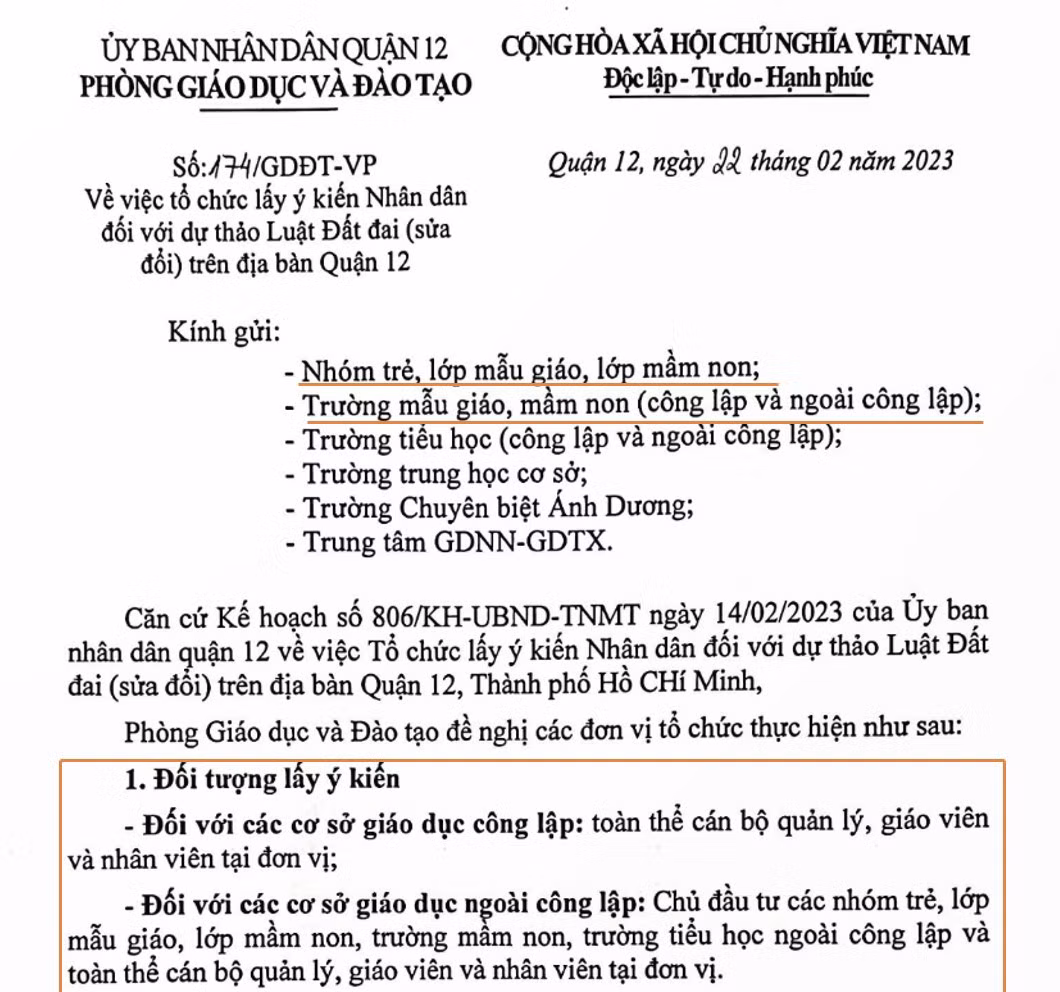 Văn bản lấy ý kiến của Phòng GDĐT Quận 12.