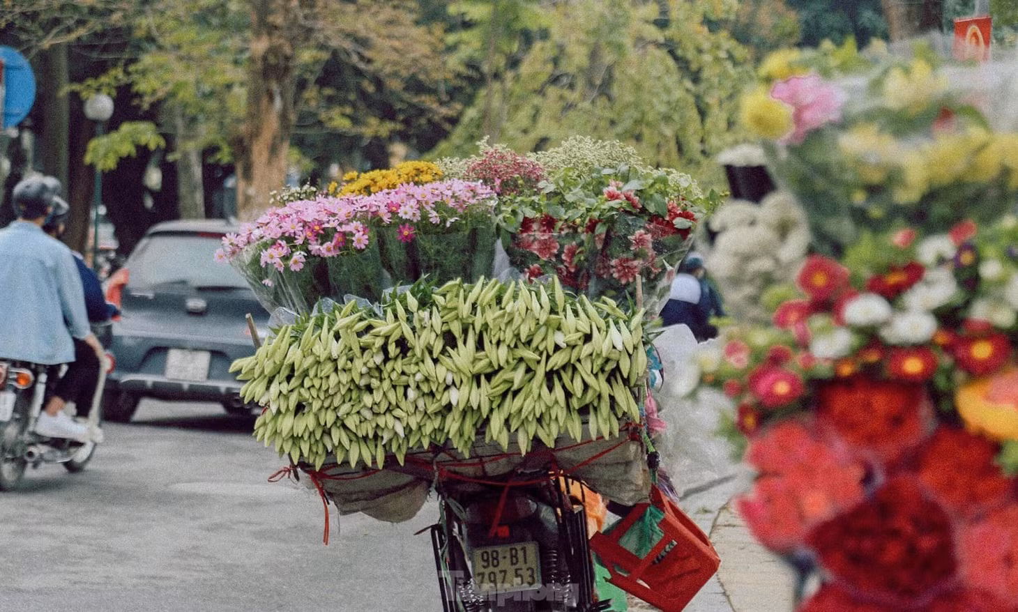 Đi khắp các con phố Hà Nội như: Thụy Khuê, Phan Đình Phùng, Láng Hạ, Thanh Niên, Giảng Võ... vào thời điểm này, không khó để bắt gặp những chiếc xe đạp chở đầy hoa loa kèn đầu mùa, tràn đầy sức sống.