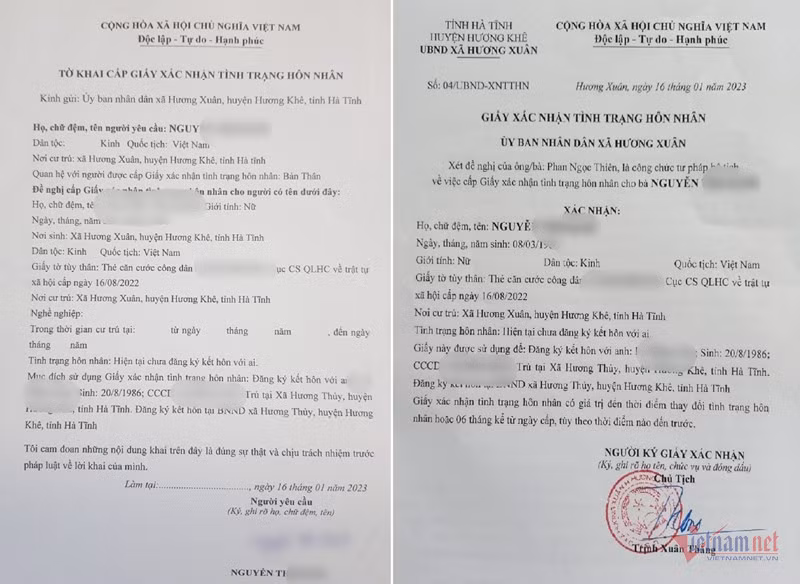 Tờ khai của chị Nguyễn Thị H. và Giấy xác nhận tình trạng hôn nhân sai sự thật của UBND xã Hương Xuân