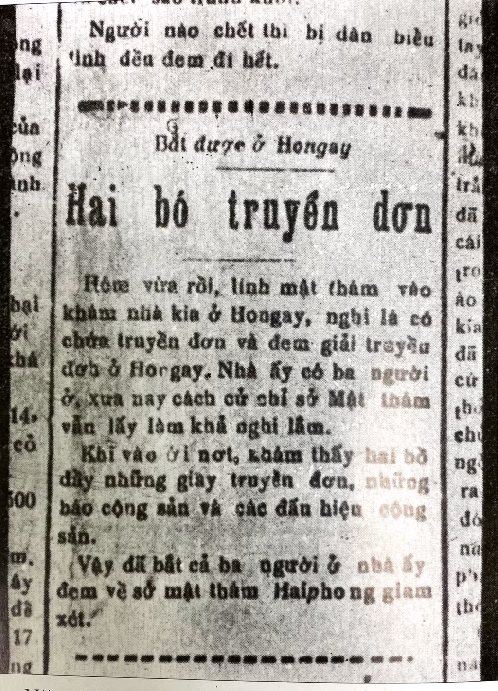 Tin đăng trên báo Đông Pháp, mật thám đã bắt được nhiều truyền đơn và báo chí cộng sản ở Hòn Gai năm 1930. Ảnh: Tin của báo Đông Pháp