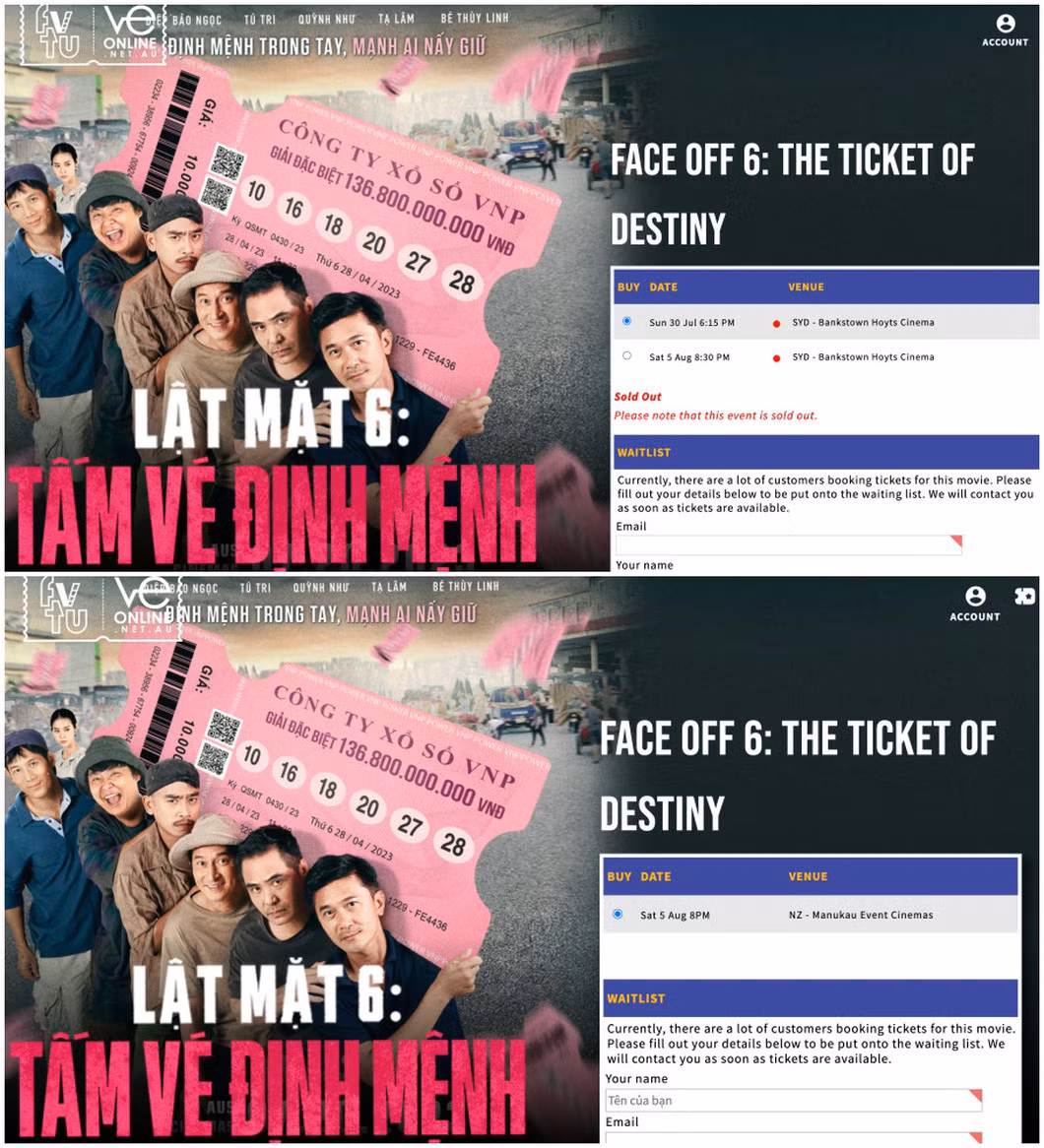 Trang bán vé Lật mặt 6 tại Úc thông báo đã hết vé (sold out), còn tại New Zealand chỉ hiển thị suất chiếu từ ngày 5-8 - Ảnh: Chụp màn hình