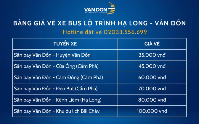 Bảng giá vé xe bus lộ trình Hạ Long – Sân bay Vân Đồn.