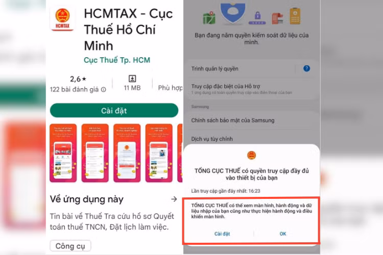 App giả mạo cơ quan thuế đòi cung cấp quyền truy cập vào các dữ liệu nhạy cảm trên điện thoại.