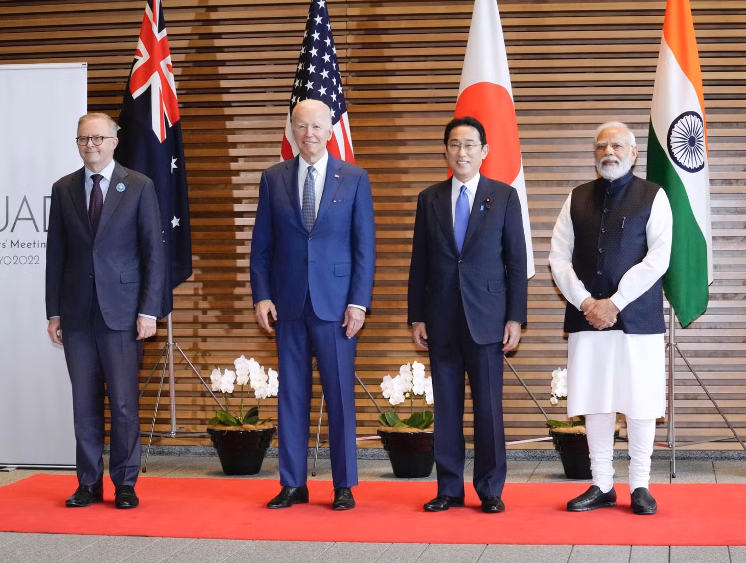 Trong ảnh (từ trái sang): Tân Thủ tướng Australia Anthony Albanese, Tổng thống Mỹ Joe Biden, Thủ tướng Nhật Bản Kishida Fumio và Thủ tướng Ấn Độ Narendra Modi tại Hội nghị Thượng đỉnh nhóm Bộ Tứ ở thủ đô Tokyo, ngày 24/5/2022. Ảnh: Kyodo/TTXVN