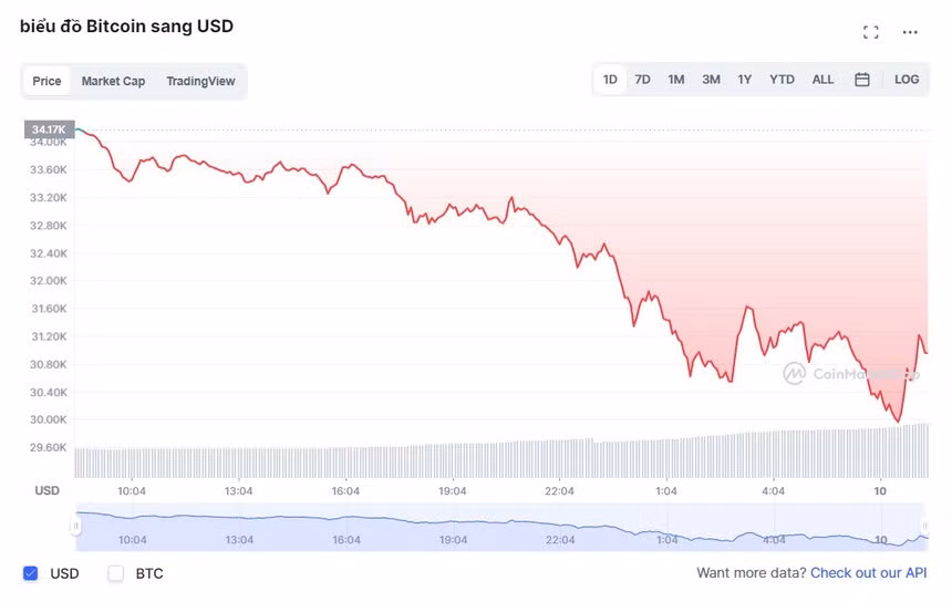 Giá Bitcoin chạm mức 29.944 USD/đồng trước khi bật tăng nhe. Ảnh: CoinMarketCap.