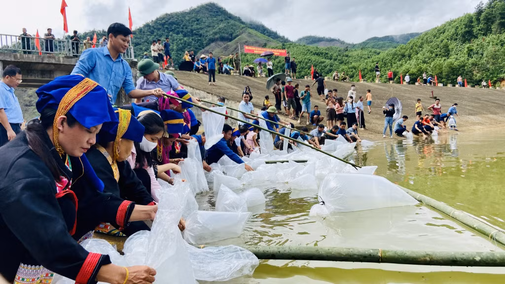 Các đại biểu và người dân thả 2 vạn con cá giống bản địa vào dòng nước tự nhiên của hồ Khe Mười.