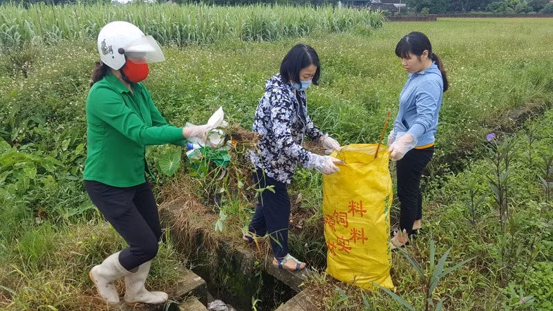 Nông dân Hải Hà thu gom rác, vệ sinh môi trường đồng ruộng.