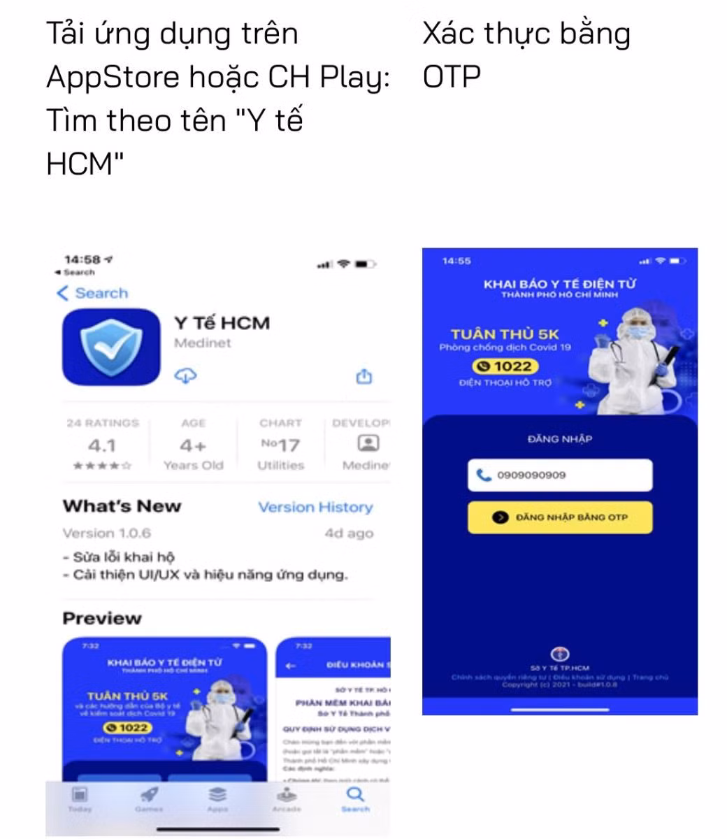Giao diện của ứng dụng "Y tế HCM". Ảnh chụp màn hình