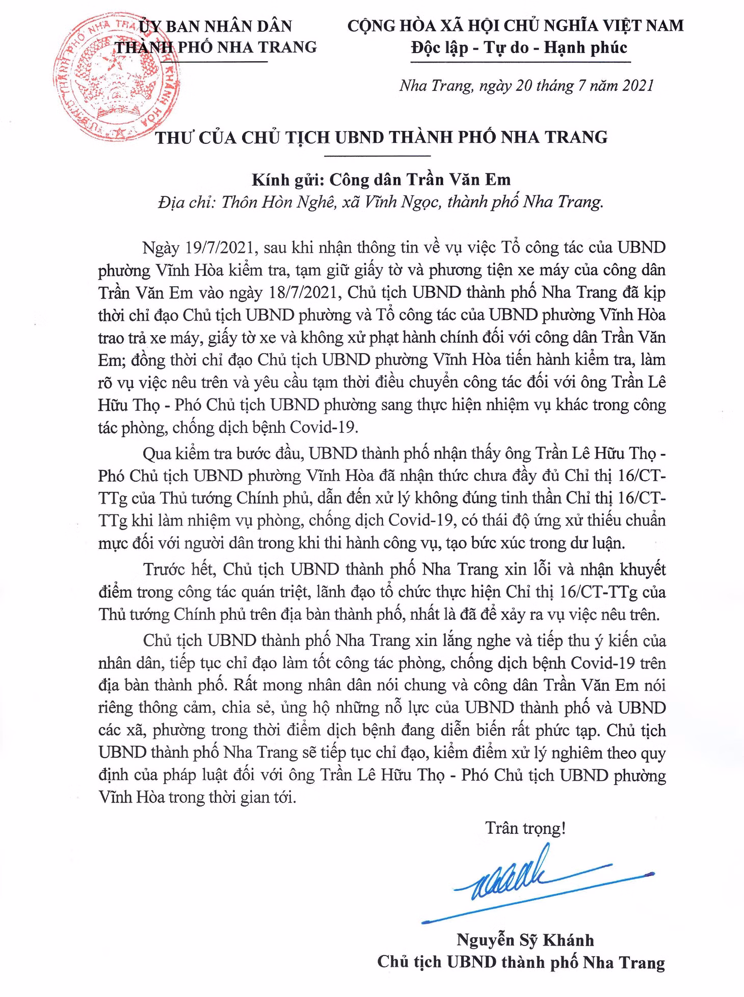 Thư của Chủ tịch UBND TP Nha Trang Nguyễn Sỹ Khánh