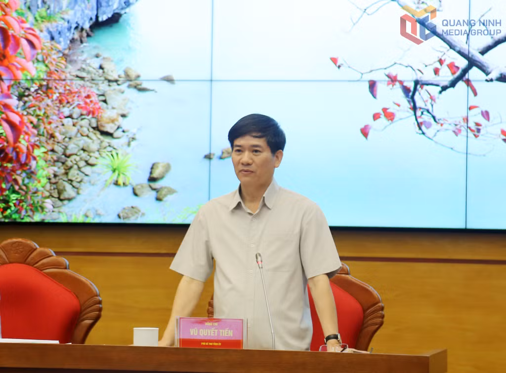 Đồng chí Vũ Quyết Tiến, Phó Bí thư Tỉnh ủy, phát biểu tại hội nghị.