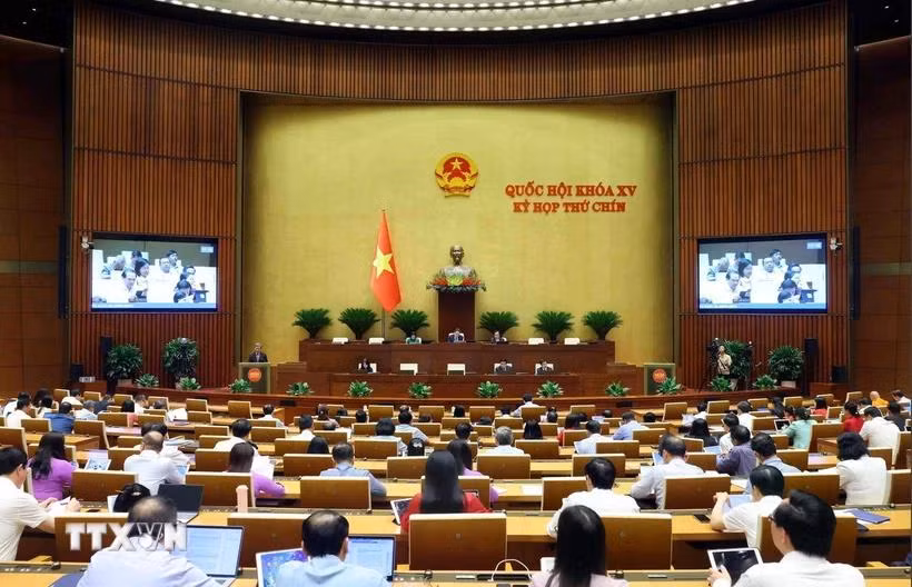 Chiều 9/5/2025, tại Hà Nội, Quốc hội họp phiên toàn thể tại hội trường để thảo luận về Luật Công nghiệp công nghệ số. (Ảnh: Phạm Kiên/TTXVN)