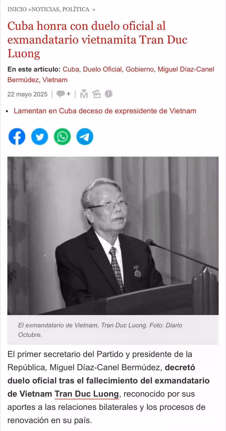 Báo Cubadebate đưa tin Bí thư thứ nhất Ban chấp hành Trung ương Đảng Cộng sản Cuba, Chủ tịch nước Cộng hòa Cuba Miguel Díaz-Canel bày tỏ tiếc thương trước sự ra đi của đồng chí Trần Đức Lương (Ảnh: Đại sứ quán Việt Nam tại Cuba)