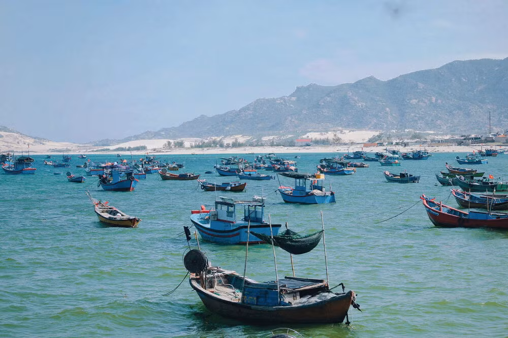 Sơn Hải còn được ví von như “Dubai thu nhỏ của Việt Nam” nhờ khung cảnh những đồi cát vàng trải dài nối liền bờ biển. Cái tên Sơn Hải cũng xuất phát từ hình thái địa hình nhiều nắng gió của Ninh Thuận. Hàng năm, ngôi làng phải đối mặt với vô số cơn gió biển quật mạnh vào vách đá Mũi Dinh, len lỏi vào cả những con thuyền, mái nhà bên bờ biển. Ảnh: NVCC