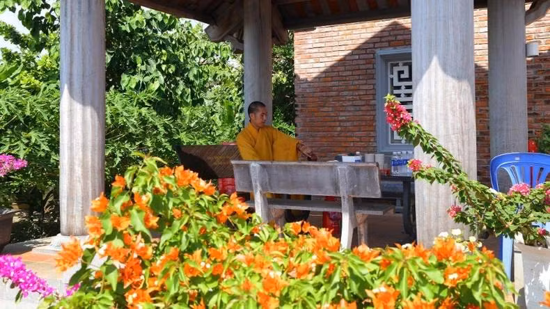 Trong không gian chùa, có khoảng 60 loài hoa giấy được Đại đức ươm trồng, chăm sóc.