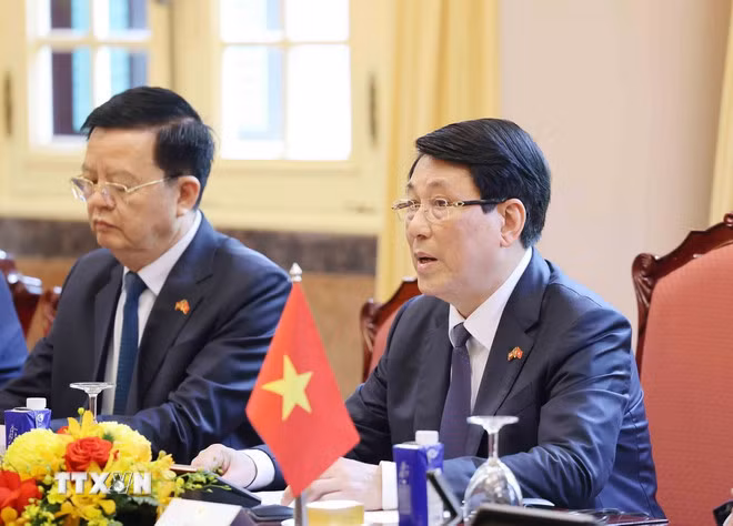 Chủ tịch nước Lương Cường phát biểu tại cuộc hội đàm với Tổng thống Sri Lanka. (Ảnh: Lâm Khánh/TTXVN)