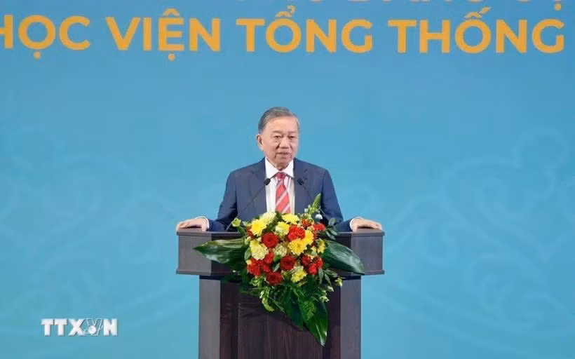 Tổng Bí thư Tô Lâm phát biểu Chính sách tại Học viện Tổng thống Nga. (Ảnh: TTXVN phát)