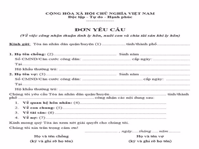 Mẫu đơn xin ly hôn thuận tình hiện nay.