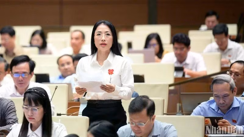 Đại biểu Trần Khánh Thu (Đoàn Thái Bình) phát biểu. (Ảnh: DUY LINH)