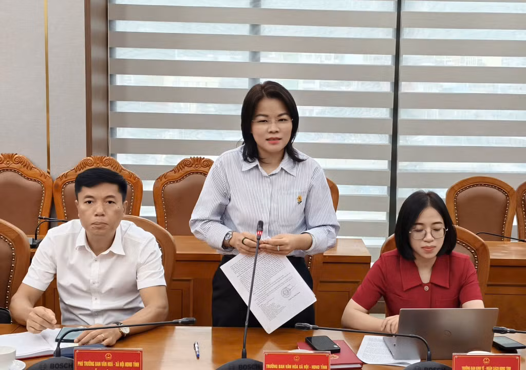 Đồng chí Vũ Thị Diệu Linh, Ủy viên Thường trực HĐND tỉnh, Trưởng Ban Văn hóa - Xã hội HĐND tỉnh phát biểu trao đổi ý kiến tại buổi làm việc.
